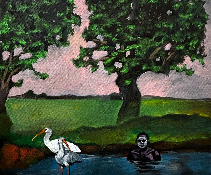 Man in Water with 2 Storks