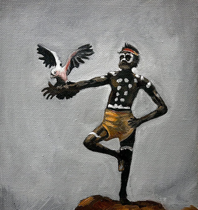 Aborigine on One Leg with Parrot